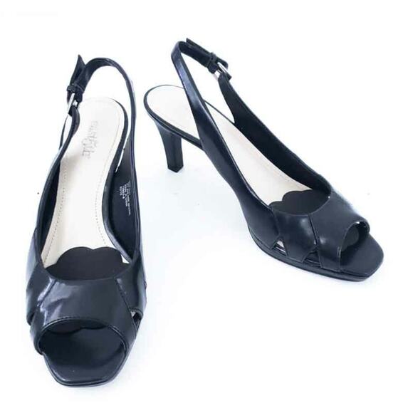 East 5th Peep Toe Heels Slingback Black 6M Pumps Open Toe Career Casual Church - Picture 1 of 9